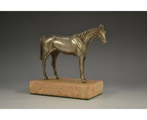 A 19th century silvered library model, of a thoroughbred horse, standing, four square, rectangular rose marble base, 13cm lon