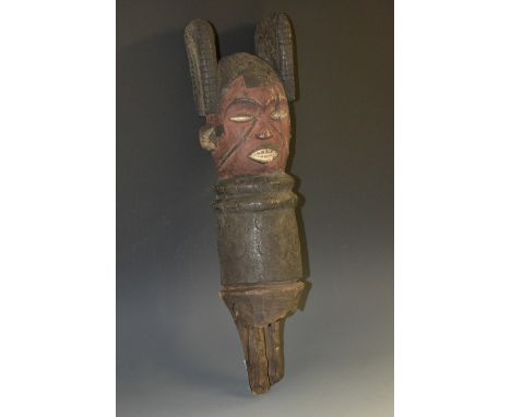 Tribal Art - an African softwood post totem, scarified features, the stylized face with red and white pigments, 52cm high 