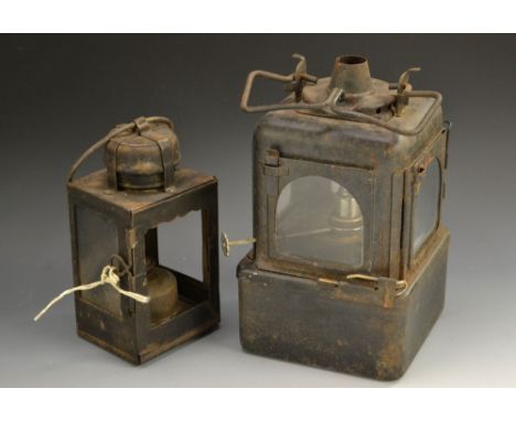 Railwayana - a railway lamp, swing carrying handle, conical chimney, arched glazed apertures, embossed 55/4, 26cm high; anoth