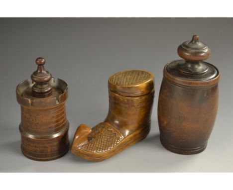 Treen - a novelty table snuff box, as a shoe, chequer-carved push-fitting cover, upturned toe, 12cm long; a novelty jar and c