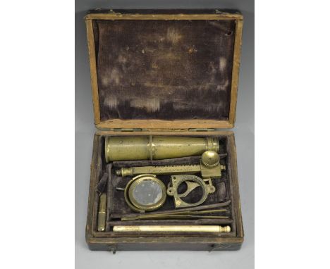 A George III brass travelling monocular microscope, by Cary, London, rack and pinion adjustment, the morroco case forming a p
