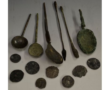 Antiquities - Roman and later European bronze spoons and implements, various; coins, late Roman AE, various emperors/empresse