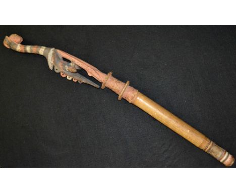 Tribal Art - an Iatmul or Chambri bamboo ceremonial lime container or bandi na iavo, of typical form, carved with crocodile a