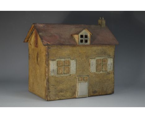 A 19th century folk art tin money box, as a house, 15cm wide, c.1880   Condition Report:  general surface wear, one chimney l