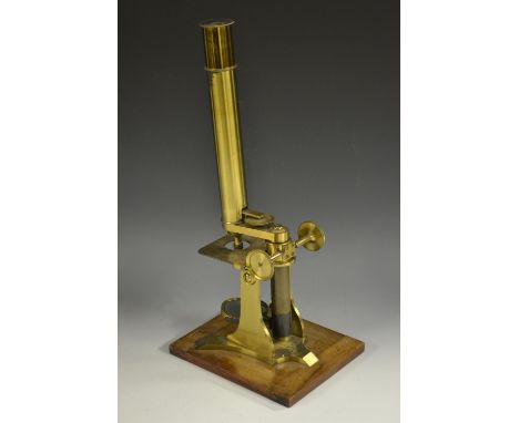 A 19th century lacquered brass monocular microscope, by Barker, 244 High Holburn, London, rack-and-pinion adjustment, concave