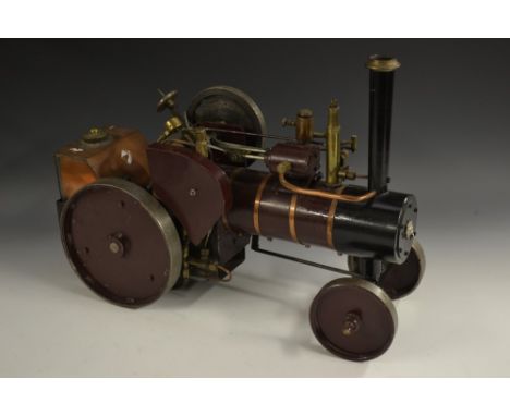 A scratch built live steam scale model, of a traction engine, copper tank, claret livery, chain-driven mechanism, 47cm long, 