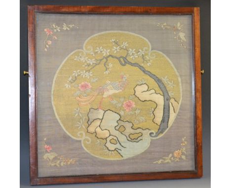 A Chinese Kesi tapestry panel, worked in coloured silks with a pheasant on a rocky outcrop, with the Three Friends of Winter,