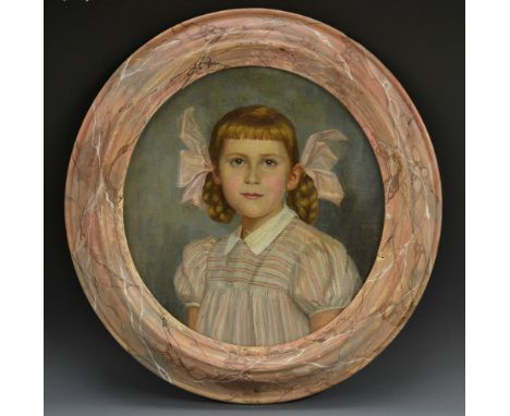 J. Kidedin (Continental School, 20th century)Portrait of a Young Girl, bust-length, wearing pink bows in her hair, pinstripe 