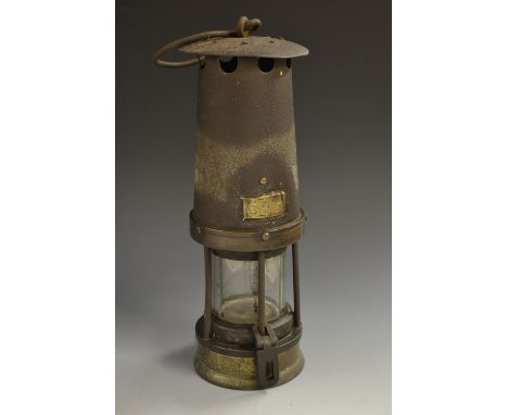 Mining - a miner's lamp, pierced domed canopy, glazed chamber, brass plaque numbered 393, screw-fitting base secured with a h