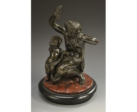 Neapolitan School (19th century), a dark patinated bronze, Bacchic Revellers, the elder with pan pipes, circular rouge and bl