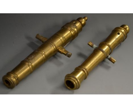 A bronze signal cannon barrel, plain trunions, touch hole, 16.5cm long; another, similar (2)