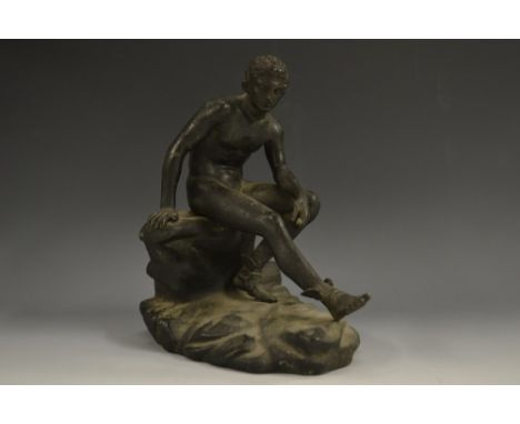 Italian School (early 19th century), a dark patinated Grand Tour bronze, Seated Hermes, after the antique, 20.5cm high