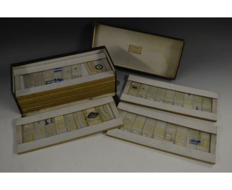 R G Mason, Opician, approx 108 microscope slides, with worm, mussel, rat, planaria, frog, etc samples, boxed