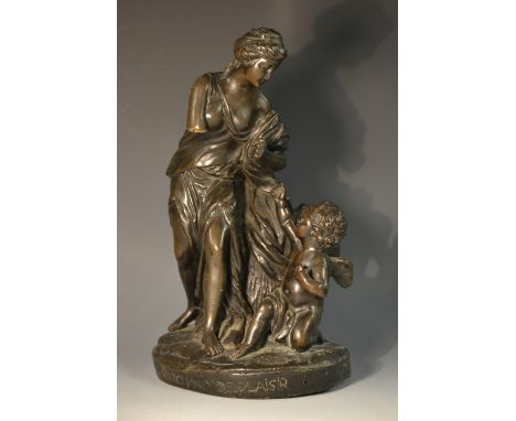 After Louis-Simon Boizot (1743 - 1809), a dark patinated bronze, Cupid and Psyche, signed in the maquette, the shaped oval ba
