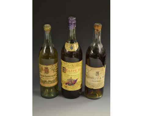Wines and Spirits - Barnett & Fils Cognac, 37/- bottle, cork intact, level at base of neck; Geo de Cardillac Old Brandy, cork