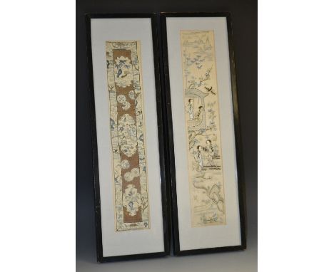 A 19th century Chinese silk sleeve panel, embroidered in coloured threads with traditionally dressed ladies in lofty landscap