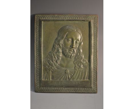 A Grand Tour verdigris patinated bronze plaque or icon, cast in relief with a named depiction of Jesus Christus, 13cm X 10.5c