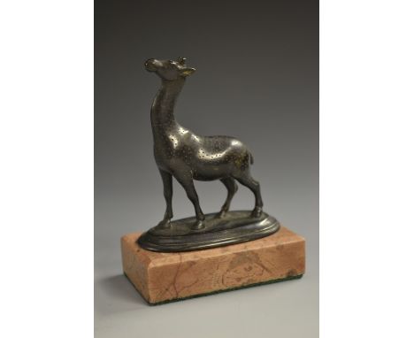Continental School (19th century), a dark patinated cabinet bronze, of a giraffe, rectangular rose marble base, 11cm high ove