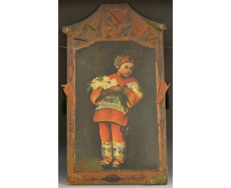 An early 20th century American folk art painted panel, of a young girl in Native costume, within a border of stylised geometr