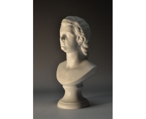 A Continental parian portrait bust, of Wolfgang Amadeus Mozart, titled to verso, waisted socle, 21cm high, impressed numbers,