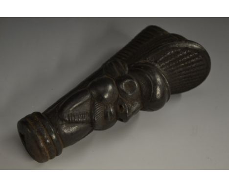 Tribal Art - an African terracotta figural pipe, modelled as a mask, 16cm long
