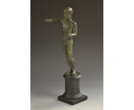 Grand Tour School, a verdigris patinated bronze, of an Archaic Greek hoplite-warrior, plinth base, 29.5cm high