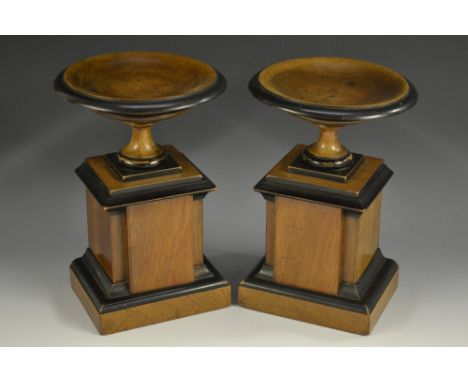 A pair of late 19th century mahogany and ebonised saucer shaped library mantel comports, in the Neo-Classical taste, tall arc