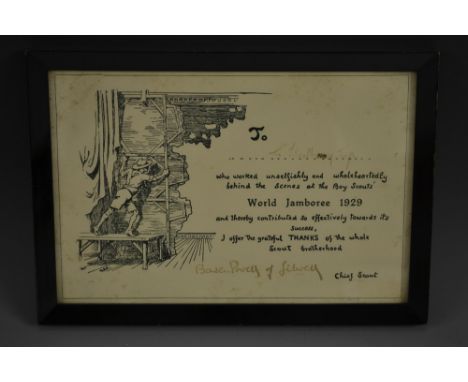 Autograph - Robert Baden Powell and The Scout Movement - a certificate, World Jamboree 1929, signed Baden Powell of Gilwell, 