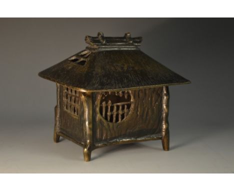 A Japanese bronze  incense burner, as a thatched hut, 10cm wide, 9cm high, Meiji period