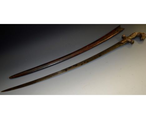 An Indian shamshir, 77cm curved single-edged blade, silvered copper hilt terminating in a ram's head mask, leather scabbard, 