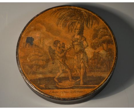 A 19th century French papier mâché circular snuff box, the push fitting cover transfer printed with a titled scene, L'Amour e