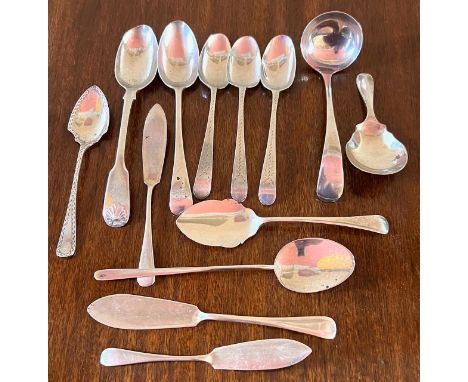 TWELVE VARIOUS TEASPOONS AND QUANTITY OF FLATWARE INCLUDING LADLE AND CADDY SPOON, TOTAL WEIGHT APPROX 200g