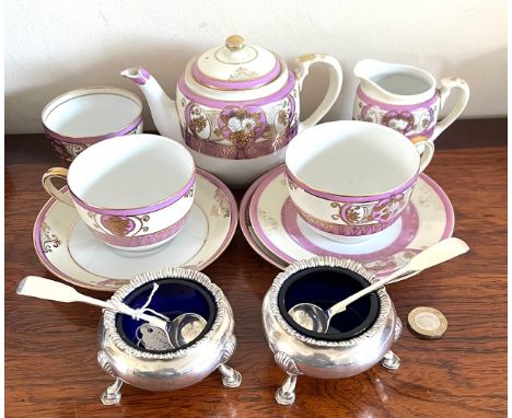 PAIR OF SILVER SALTS, 1865 LONDON, PLUS TWO SALT SPOON LONDON 1866 AND NORITAKE TEA SET
SPOUT CHIPPED