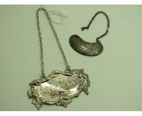 A Hallmrked Silver Denter Label, 'Whisky' on chain suspension; together with a hallmarked silver kidney shape whisky noggin l