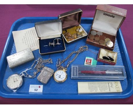 Cufflinks, coins, Parker pen, vesta case, pocketwatches, XIX Century rectangular snuff box with engraved decoration, etc :- O