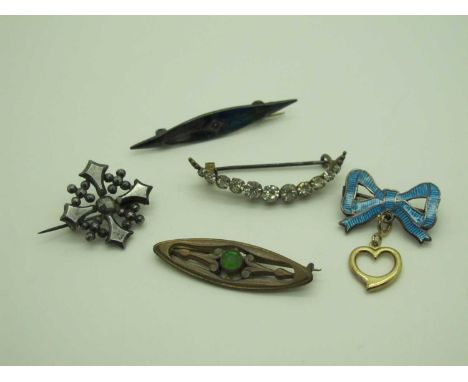 A XIX Century Cut Steel Cross Pin/Brooch, a blue enamel bow pin stamped "Silver", suspending an openwork heart pendant, a hal