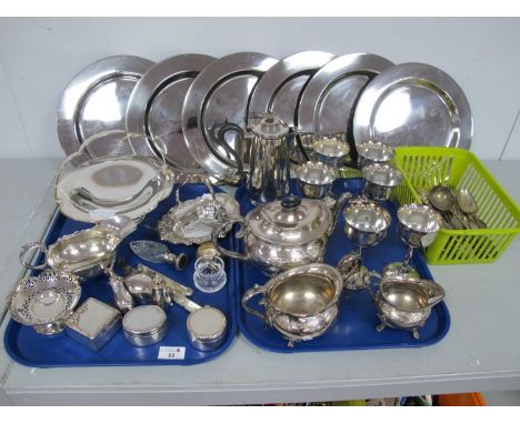 Assorted Plated Ware, including tea set, goblets, swing handled dish, cutlery, trinket pots, cruet items, further dishes etc 