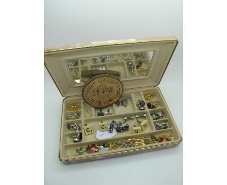 Assorted Novelty and Other Cufflinks, including Scrabble letters, vintage motor car, compass etc, tie clips, pins etc, in a t