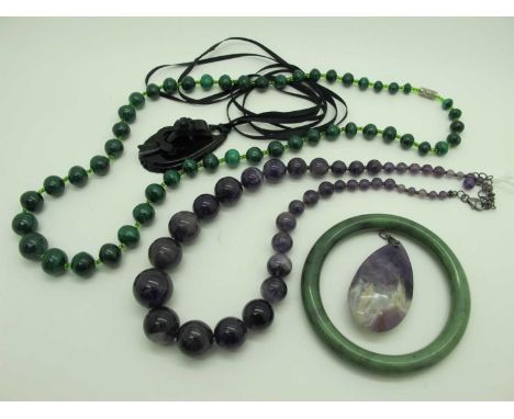 A Victorian Pendant, on later ribbon; a Blue John look graduated bead necklace (clasp stamped "925"), a malachite bead neckla
