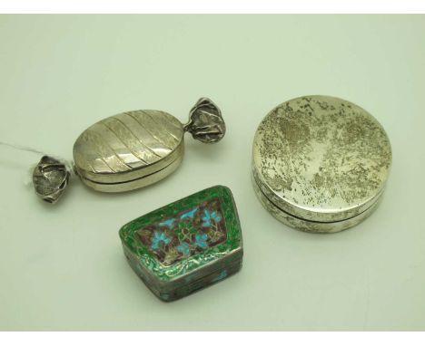 A Novelty Pill Box, as a wrapped sweet, together with another pill box with enamel decoration and a plain circular box, stamp