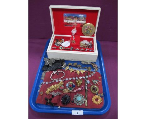 Victorian and Later Costume Jewellery, including coral inset stickpin, enamel and other brooches, cross pendant, imitation pe