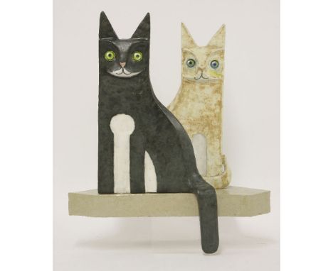 *A glazed and stoneware sculpture,'Cats Corner', designed to hang in a corner or sit on a flat shelf,34cm wide40cm high*Artis