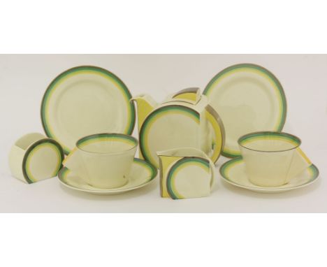 A Clarice Cliff 'Stamford' shape tea set for two,each item with coloured bands, comprising:a teapot,two cups and saucers,a mi