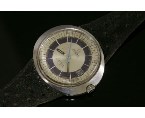 A gentlemen's stainless steel Omega Automatic Dynamic strap watch, possibly c.1970,circular silvered dial with a royal blue c
