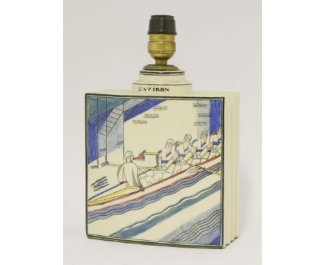 An Art Deco pottery table lamp,c.1925-1930, by Robert Lallemant (1902-1954), painted both sides with figures rowing, titled '