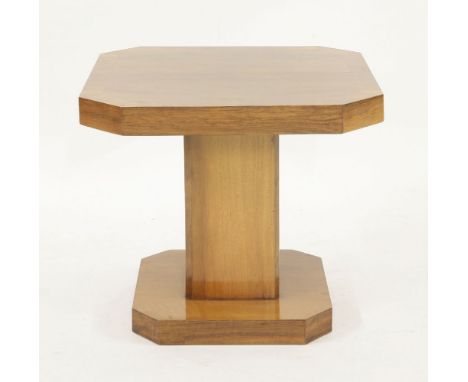 An Art Deco walnut crossbanded lamp table,with canted corners, on a central column, on a conforming plinth,53.5cm square48cm 