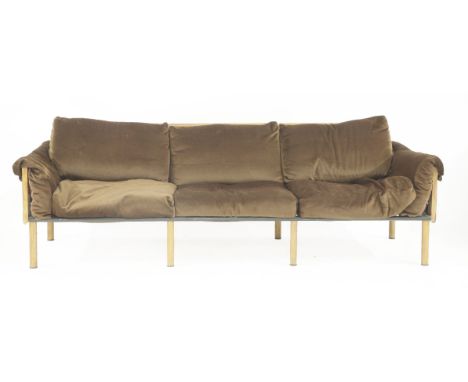 An oak and tubular-framed atelier sofa,designed by Yrjo Kukkapurro for Haimi Oy Finland, c.1966, with chocolate Dralon cushio