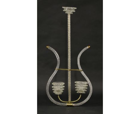 A Barovier & Toso brass and clear glass harp-shaped ceiling light,95cm high