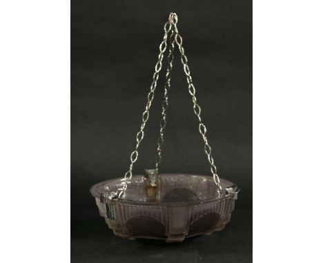 A French amethyst glass plafonnier,by Muller Frères Lunéville, moulded to shade, with steel mounts and chain,35cm diameter
