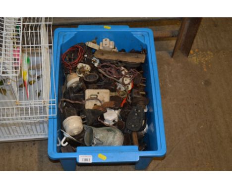A box of vintage Bakelite light fittings and various other components 